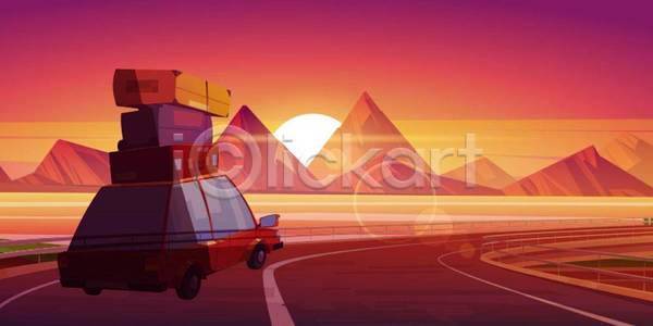 사람없음 EPS 일러스트 해외이미지 도로 빨간색 산 쌓기 여름휴가 여행 여행가방 일몰 자동차 자동차여행