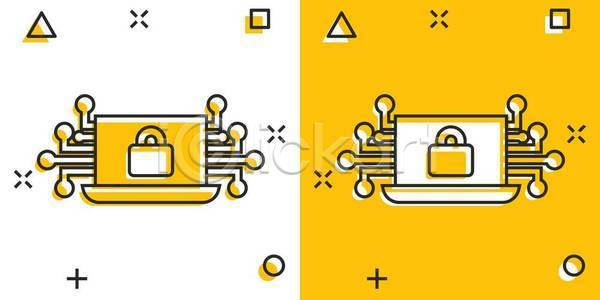 사람없음 EPS 일러스트 해외이미지 네트워크 노란색 노트북 라인아트 비즈니스 인터넷보안 자물쇠 해외일러스트