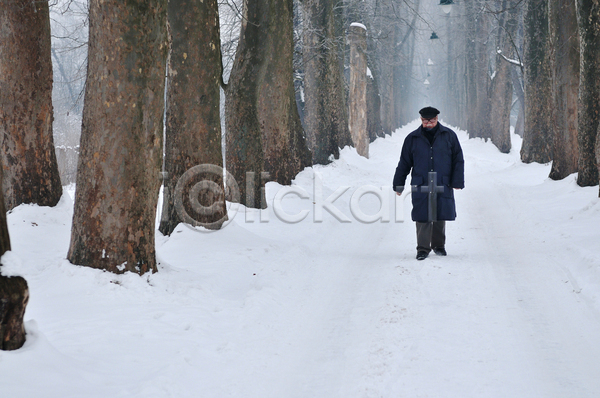 산책 남자 노년 노인남자한명만 한명 JPG 앞모습 포토 해외이미지 걷기 겨울 겨울풍경 나무 나무길 눈(날씨) 눈덮임 야외 전신 주간