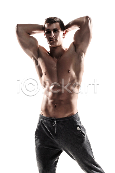 남자 백인 성인 성인남자한명만 한명 JPG 앞모습 포토 해외이미지 근육질 보디빌더 상반신 실내 역광 흰배경
