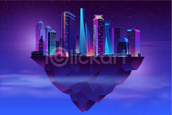 사람없음 EPS 일러스트 해외이미지 건물 고층빌딩 공중 그라데이션 네온 도시 밤하늘 보라색 빛 섬 스카이라인 파란색