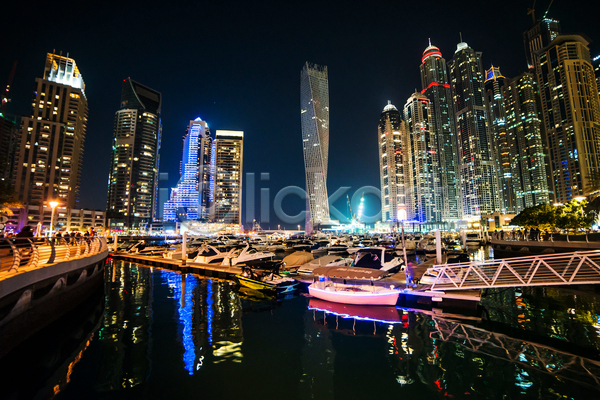 사람없음 JPG 포토 해외이미지 강 건물 다리(건축물) 도시 도시풍경 두바이 배(교통) 아랍에미리트 야간 야경 야외 전등