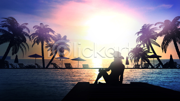 성인 성인여자한명만 여자 한명 JPG 실루엣 포토 해외이미지 선베드 앉기 야간 야외 야자수 일몰 전신 태양 파라솔 풍경(경치) 하늘 해변