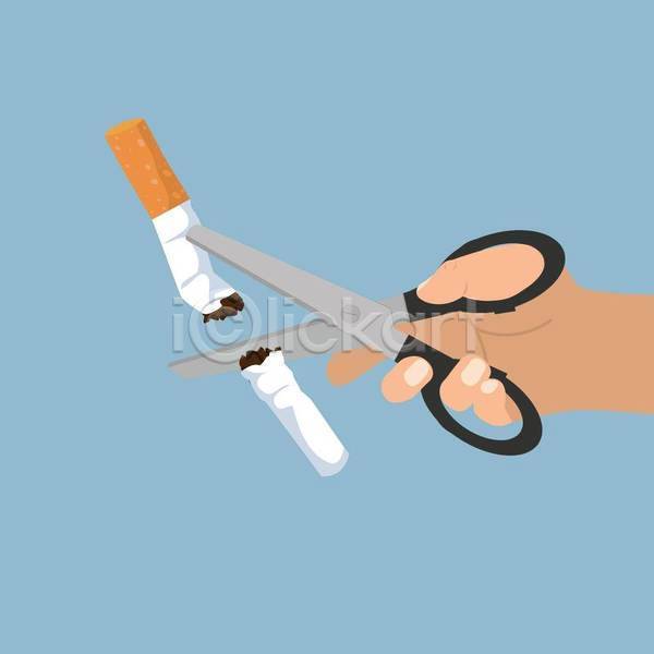 신체부위 EPS 일러스트 해외이미지 가위(도구) 가위질 금연 담배 담배꽁초 들기 손 자르기 하늘색 흡연 흡연금지