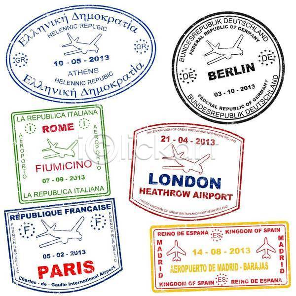 사람없음 EPS 일러스트 해외이미지 공항 도장 라벨 비행기 세트 여권 영어 우표 컬러풀