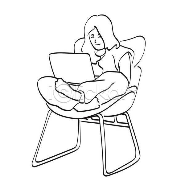 성인 성인여자한명만 여자 한명 EPS 라인일러스트 일러스트 해외이미지 노트북 라인아트 비즈니스 비즈니스우먼 손그림 실내 앉기 업무 의자 프리랜서