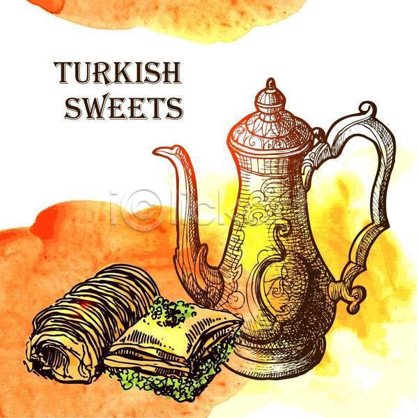 달콤 사람없음 EPS 일러스트 해외이미지 과자 디저트 로쿰 바클라바 스케치 찻주전자 터키음식