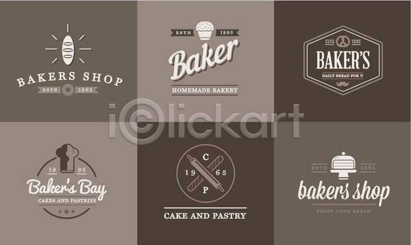 사람없음 EPS 일러스트 해외이미지 디자인 라벨 밀대 빵 빵집 세트 심볼 요리사모자 케이크