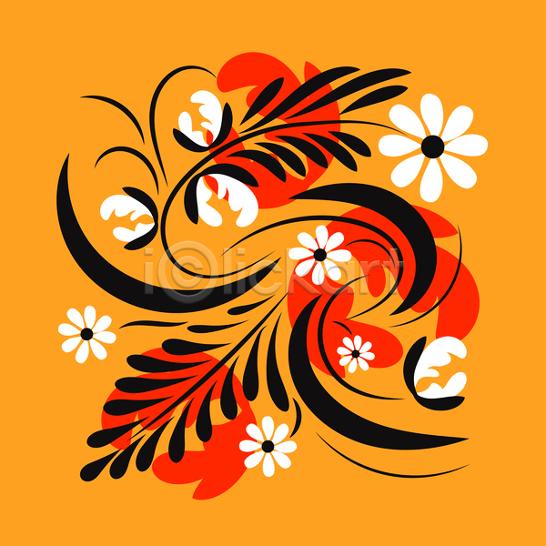 화려 사람없음 EPS JPG 일러스트 해외이미지 검은색 꽃 디자인 미술 민화 잎 주황색