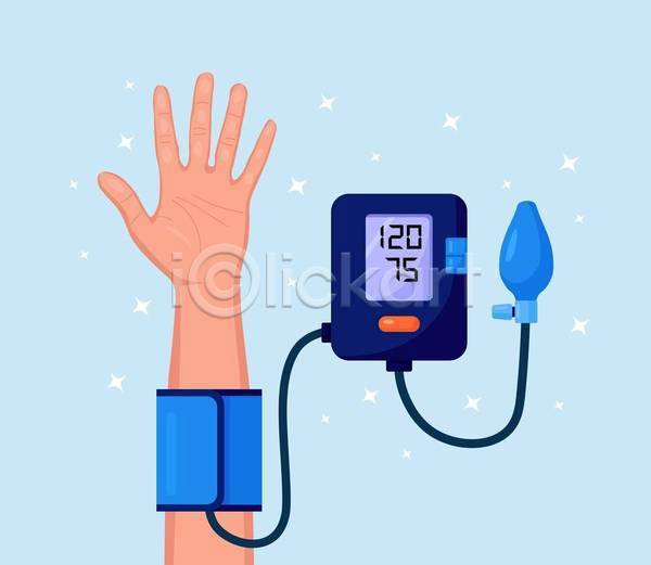 신체부위 EPS 일러스트 해외이미지 건강검진 건강관리 반짝임 손 파란색 혈압계 혈압측정