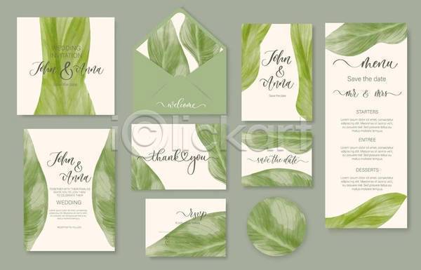감성 분위기 축하 사람없음 EPS 일러스트 해외이미지 결혼 세트 잎 초록색 카피스페이스 편지봉투 프레임