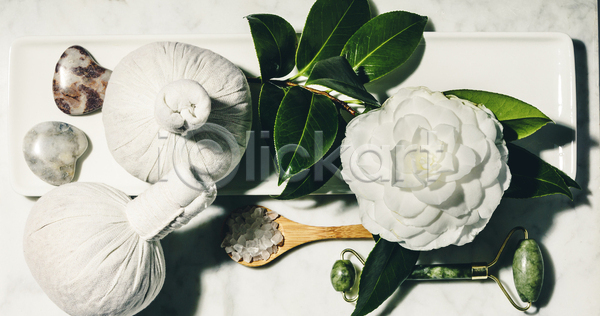 사람없음 JPG 포토 하이앵글 해외이미지 꽃 뷰티 스톤 스파용품 실내 오브젝트 잎 페이스롤러 허브볼 흰배경