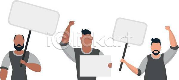 남자 성인 성인남자만 세명 EPS 일러스트 해외이미지 들기 메시지 배너 백그라운드 사인 상반신 손들기 시위 얼굴없음 팻말 프레임 플랫 항의