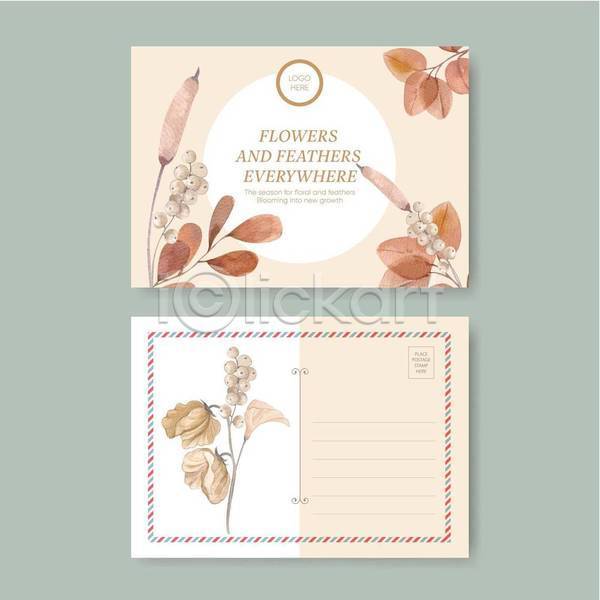 사람없음 EPS 일러스트 해외이미지 꽃 나뭇잎 리플렛 베이지색 세트 수채화(물감) 엽서 카드(감사)