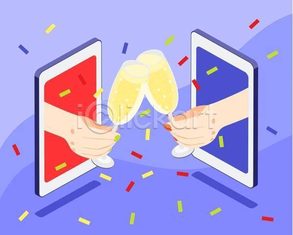 축하 신체부위 EPS 일러스트 해외이미지 건배 꽃가루 들기 샴페인 샴페인잔 손 스마트폰 온라인파티 화상통화