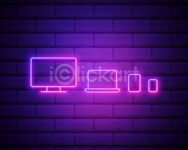 사람없음 EPS 아이콘 일러스트 해외이미지 네온 네온아트 노트북 모니터 벽 보라색 빛 스마트폰 컴퓨터 태블릿