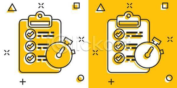 사람없음 EPS 일러스트 해외이미지 노란색 라인아트 비즈니스 서류판 스톱워치 체크리스트 체크표시 해외일러스트