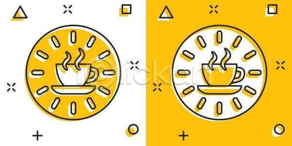 티타임 휴식 사람없음 EPS 일러스트 해외이미지 노란색 라인아트 시계 커피
