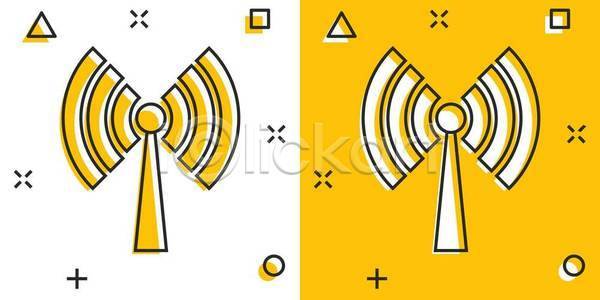 사람없음 EPS 일러스트 해외이미지 노란색 라인아트 안테나 와이파이 통신 해외일러스트