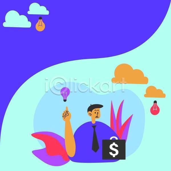 아이디어 남자 성인 성인남자한명만 한명 EPS 일러스트 해외이미지 가리킴 구름(자연) 달러 들기 백그라운드 비즈니스 상반신 서류가방 전구 카피스페이스 파란색 풀잎