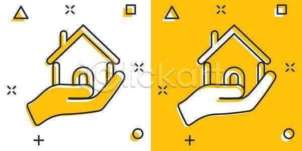 사람없음 EPS 일러스트 해외이미지 건물 노란색 들기 라인아트 부동산 손모양 집모양 해외일러스트