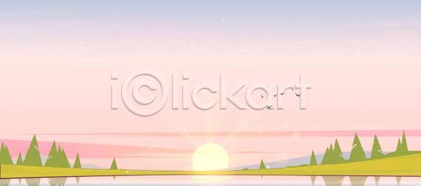 사람없음 EPS 일러스트 해외이미지 강 나무 반사 백그라운드 분홍색 수평선 언덕 와이드컷 일몰 일출 태양 풍경(경치) 하늘