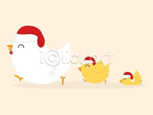 귀여움 사람없음 EPS 일러스트 해외이미지 걷기 넘어짐 닭 병아리 산타모자 세마리 엎드리기 웃음