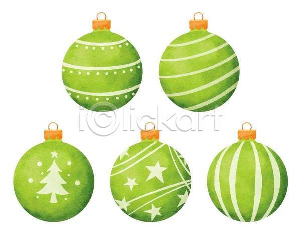 축하 사람없음 EPS 일러스트 해외이미지 겨울 수채화(물감) 오너먼트 오브젝트 장식볼 초록색 크리스마스 크리스마스장식