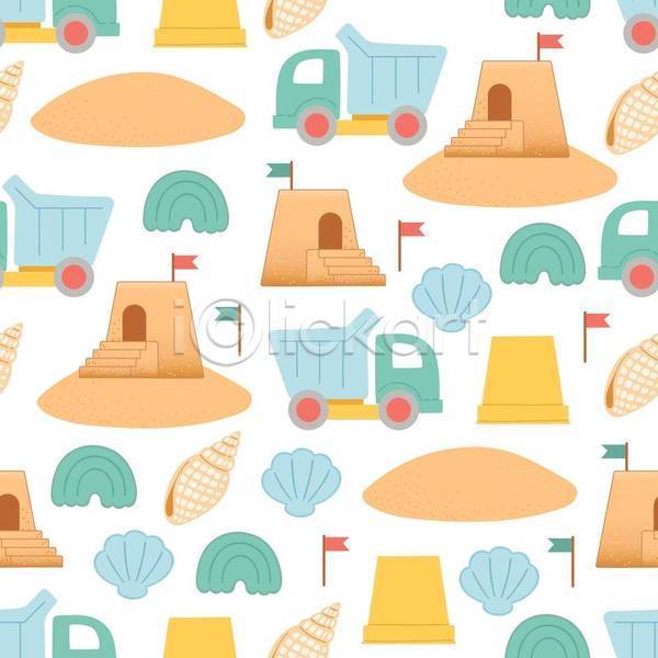 감성 사람없음 EPS 일러스트 해외이미지 깃발 디자인 모래 모래성 소라 양동이 여름(계절) 장난감자동차 조개 패턴