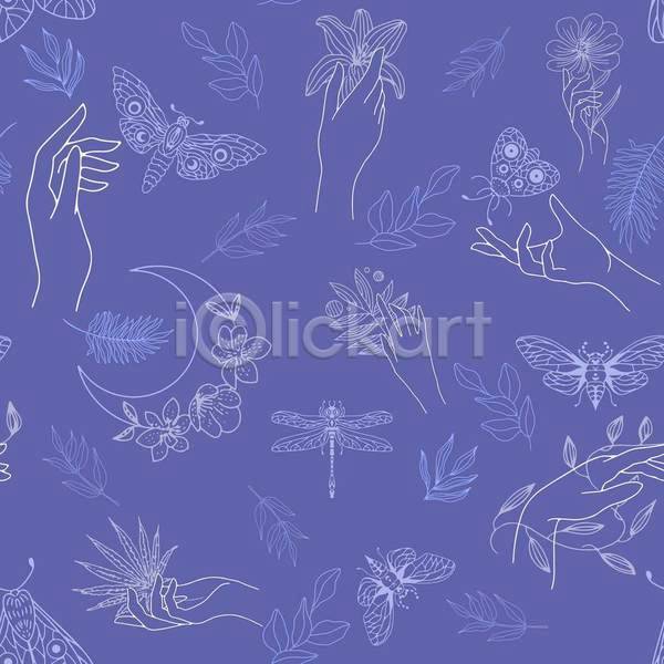 신체부위 EPS 일러스트 해외이미지 곤충 꽃 나방 달 들기 라인아트 보라색 손 여러마리 여름(계절) 잎 잠자리 줄기 포스터
