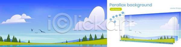사람없음 EPS 일러스트 해외이미지 구름(자연) 나무 백그라운드 산 자연 조류 초원(자연) 패럴렉스 풍경(경치) 하늘 호수