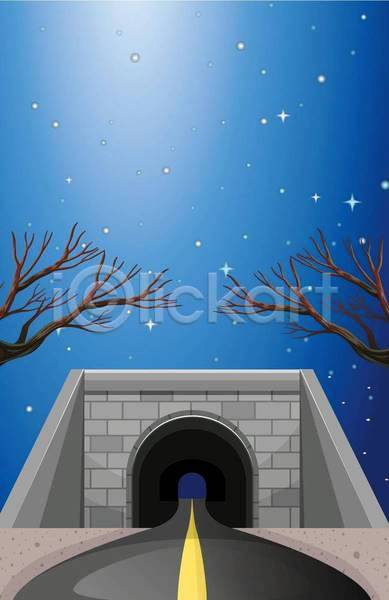 EPS 일러스트 해외이미지 거리 그래픽 그림 길 나무 도로 미술 백그라운드 별 야간 야외 어둠 여행 자연 장면 클립 클립아트 터널 풍경(경치) 하늘