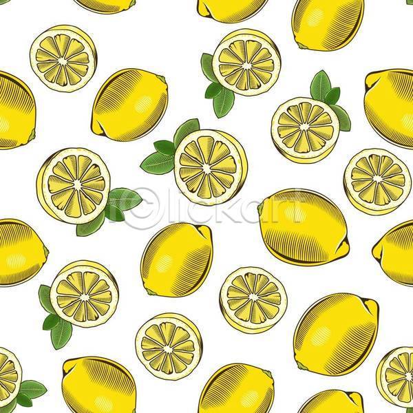 사람없음 EPS 일러스트 해외이미지 그림 노란색 단면 라인아트 레몬 백그라운드 잎 패턴