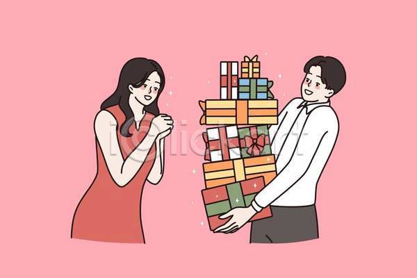 기쁨 축하 행복 남자 두명 성인 성인만 여자 EPS 일러스트 해외이미지 들기 상자 선물 선물상자 쌓기 커플