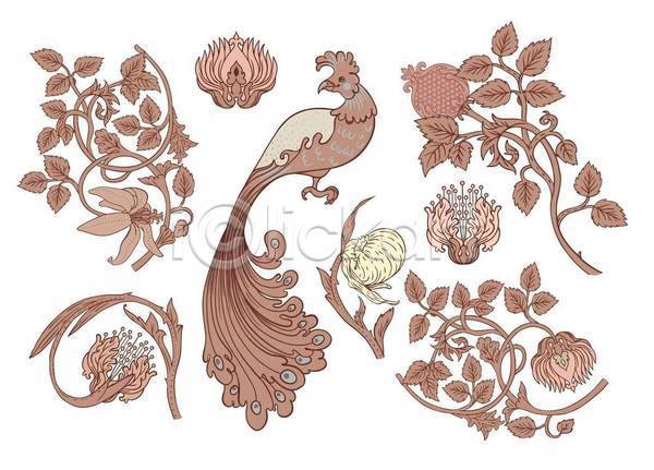클래식 사람없음 EPS 일러스트 해외이미지 갈색 공작 꽃 덩굴 디자인 세트 엘리먼트 잎
