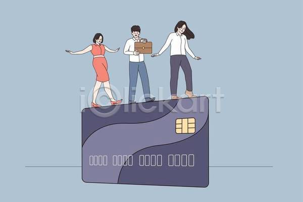 남자 성인 성인만 세명 여자 EPS 일러스트 해외이미지 가방 걷기 금융 들기 신용카드 컨셉 팔벌리기