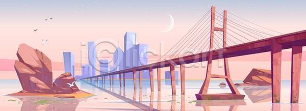 사람없음 EPS 일러스트 해외이미지 고층빌딩 다리(건축물) 도시 도시풍경 도심 바다 백그라운드 분홍색 와이드컷 초승달 타운 하늘