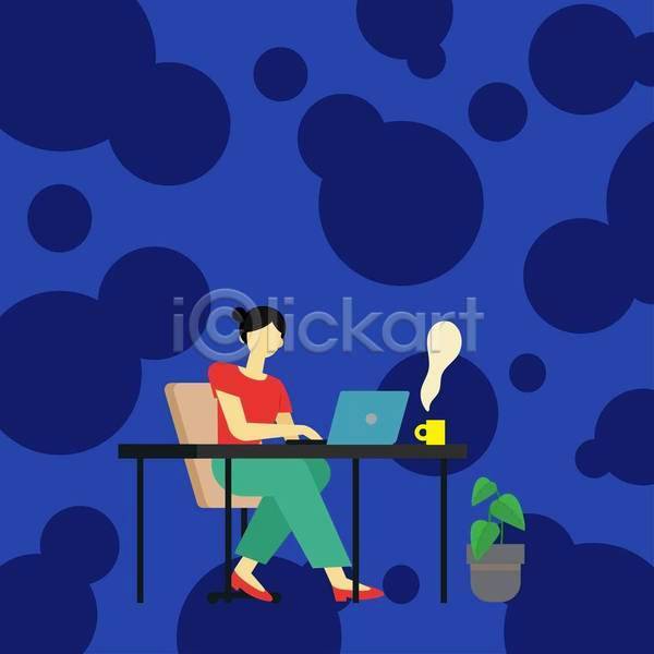 아이디어 성인 성인여자한명만 여자 한명 EPS 일러스트 해외이미지 노트북 백그라운드 비즈니스 수증기 의자 전신 책상 카피스페이스 컵 파란색 화분 화초