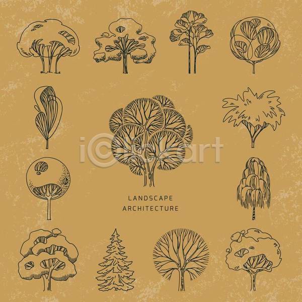 사람없음 EPS 라인일러스트 일러스트 해외이미지 갈색 나무 디자인 세트 스케치 엘리먼트 자연