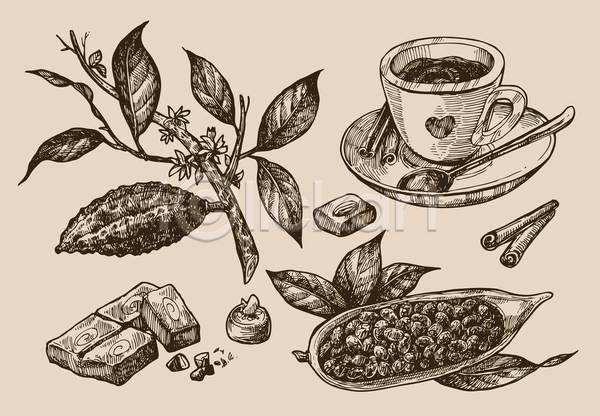 달콤 사람없음 EPS 일러스트 해외이미지 나뭇가지 엘리먼트 잎 재료 초콜릿 초콜릿음료 카카오 카카오열매 코코아