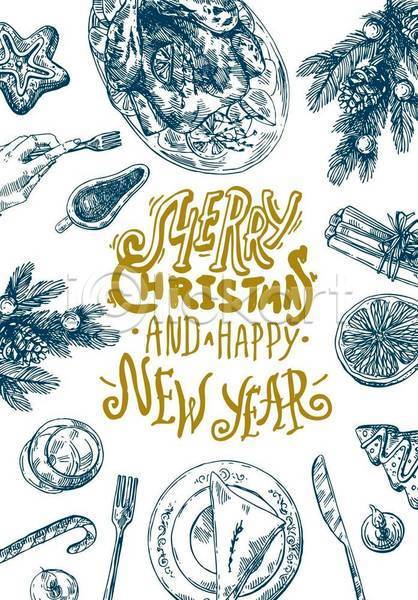 축하 사람없음 EPS 일러스트 해외이미지 그림 나뭇잎 나이프 솔방울 스케치 저녁식사 접시 칠면조 케이크 크리스마스 크리스마스디너 파란색 포크
