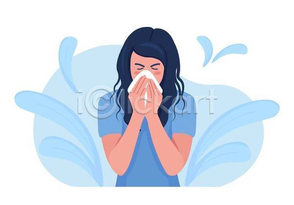 성인 성인여자한명만 여자 한명 EPS 일러스트 해외이미지 감기(질병) 기침 상반신 손수건 입가림 잎 침(타액) 파란색 환자