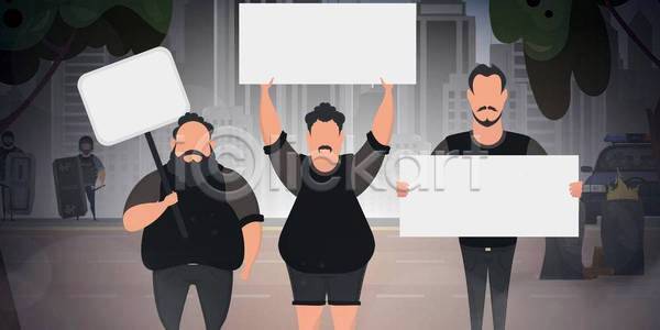 군중 남자 성인 성인남자만 세명 EPS 일러스트 해외이미지 거리 들기 배너 상반신 시위 얼굴없음 팻말 프레임 항의