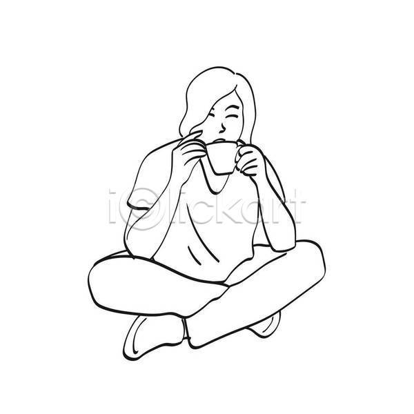 휴식 성인 성인여자한명만 여자 한명 EPS 라인일러스트 일러스트 해외이미지 검은색 들기 라이프스타일 라인아트 머그컵 손그림 앉기 잡기 전신 차(음료) 커피 컵