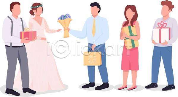남자 성인 성인만 여러명 여자 EPS 일러스트 해외이미지 결혼 결혼식 꽃다발 들기 부부 선물상자 쇼핑백 전신 파티 하객