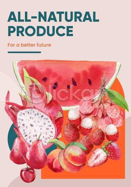 사람없음 EPS 일러스트 해외이미지 딸기 람부탄 리치 복숭아 분홍색 수박 수채화(물감) 용과 체리 포스터