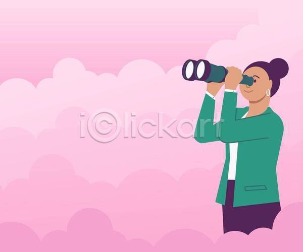 아이디어 성인 성인여자한명만 여자 한명 EPS 일러스트 해외이미지 구름(자연) 귀걸이 들기 망원경 백그라운드 분홍색 비즈니스 상반신 카피스페이스