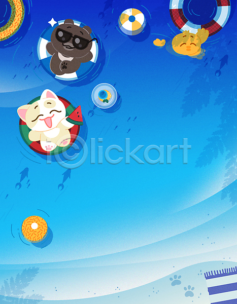 사람없음 AI(파일형식) 일러스트 고양이 고양이캐릭터 곰 곰캐릭터 눕기 들기 떠있는 바다 바캉스 발자국 비치볼 선글라스 세마리 수박 수박조각 어류 여름(계절) 여름휴가 오리 오리캐릭터 음료 잡기 튜브 파란색 해변