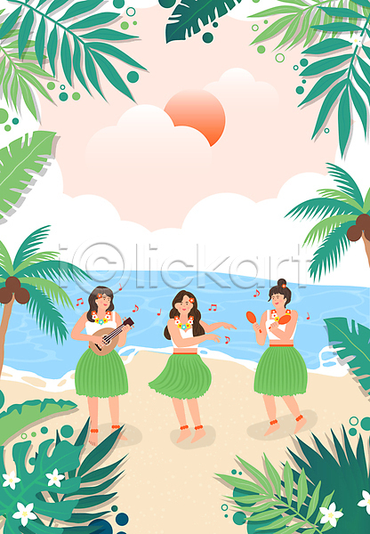 성인 성인여자만 세명 여자 AI(파일형식) 일러스트 구름(자연) 꽃목걸이 나뭇잎 들기 마라카스 모래사장 바다 바캉스 서기 야자수 야자수잎 여름(계절) 여름휴가 우쿨렐레 전신 태양 하와이 하와이춤 해변 훌라춤 휴가 휴양지