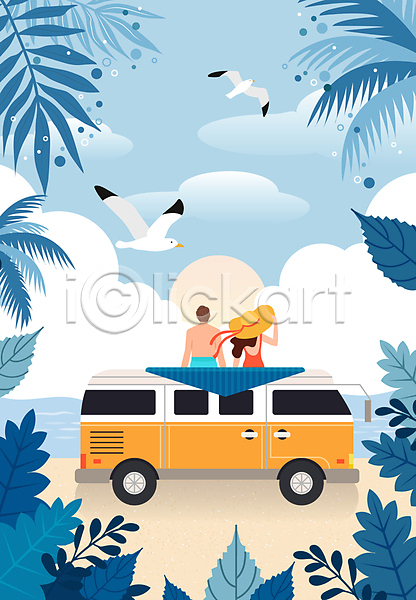 즐거움 휴식 남자 두명 성인 성인만 여자 AI(파일형식) 일러스트 갈매기 구름(자연) 두마리 바다 바캉스 비치모자 상반신 수영복 앉기 여름(계절) 여름휴가 잎 잡기 캠핑카 태양 파란색 해변